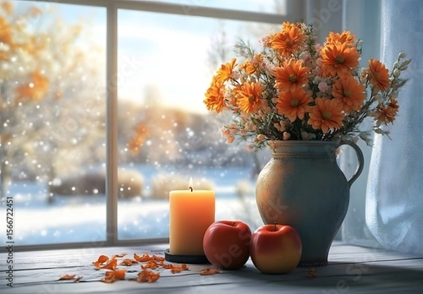 Obraz To enhance the beauty of the room, placing a beautiful vase decorated with flowers and a candle on a table in one corner of the room is an idea to create a cozy atmosphere in the room.