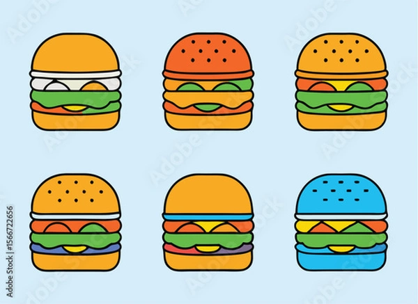 Obraz Hamburger different styles icon set. Hamburger Icon Packs Fast Food Line Art Collection Burger set vector design.