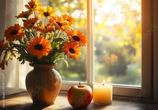 Obraz To enhance the beauty of the room, placing a beautiful vase decorated with flowers and a candle on a table in one corner of the room is an idea to create a cozy atmosphere in the room.