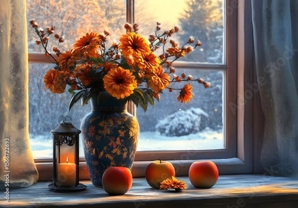 Obraz To enhance the beauty of the room, placing a beautiful vase decorated with flowers and a candle on a table in one corner of the room is an idea to create a cozy atmosphere in the room.