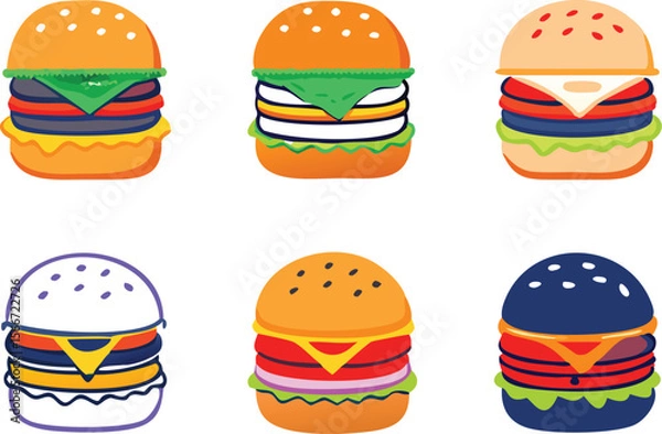 Obraz Hamburger different styles icon set. Hamburger Icon Packs Fast Food Line Art Collection Burger set vector design.