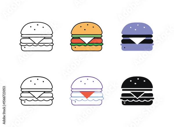 Obraz Hamburger different styles icon set. Hamburger Icon Packs Fast Food Line Art Collection Burger set vector design.