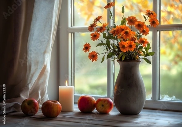 Obraz To enhance the beauty of the room, placing a beautiful vase decorated with flowers and a candle on a table in one corner of the room is an idea to create a cozy atmosphere in the room.