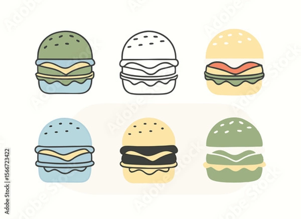 Obraz Hamburger different styles icon set. Hamburger Icon Packs Fast Food Line Art Collection Burger set vector design.