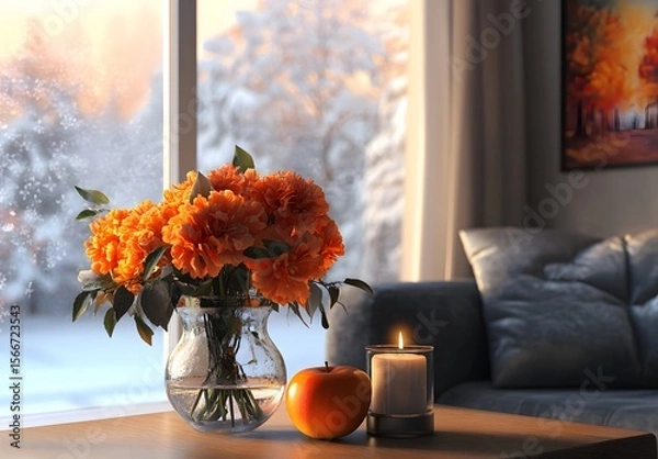 Obraz To enhance the beauty of the room, placing a beautiful vase decorated with flowers and a candle on a table in one corner of the room is an idea to create a cozy atmosphere in the room.