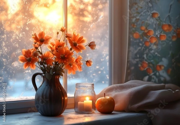 Obraz To enhance the beauty of the room, placing a beautiful vase decorated with flowers and a candle on a table in one corner of the room is an idea to create a cozy atmosphere in the room.