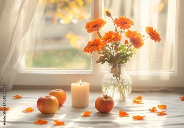 Obraz To enhance the beauty of the room, placing a beautiful vase decorated with flowers and a candle on a table in one corner of the room is an idea to create a cozy atmosphere in the room.