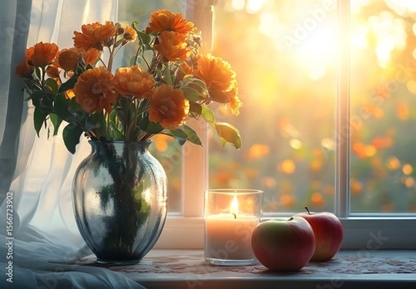 Obraz To enhance the beauty of the room, placing a beautiful vase decorated with flowers and a candle on a table in one corner of the room is an idea to create a cozy atmosphere in the room.