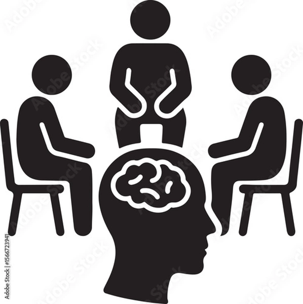 Fototapeta Silhouette of a support group sitting in a circle, symbolizing unity, care, and mental health support. EPS vector.