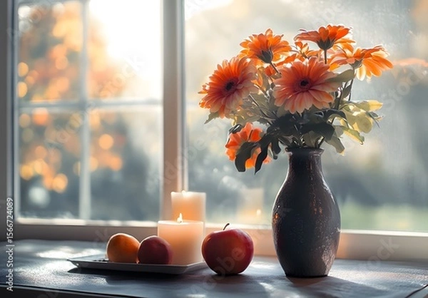 Obraz To enhance the beauty of the room, placing a beautiful vase decorated with flowers and a candle on a table in one corner of the room is an idea to create a cozy atmosphere in the room.