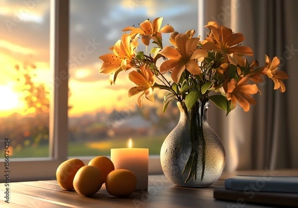 Obraz To enhance the beauty of the room, placing a beautiful vase decorated with flowers and a candle on a table in one corner of the room is an idea to create a cozy atmosphere in the room.