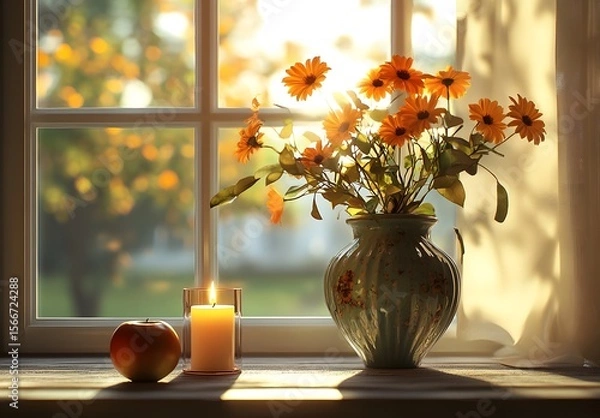 Obraz To enhance the beauty of the room, placing a beautiful vase decorated with flowers and a candle on a table in one corner of the room is an idea to create a cozy atmosphere in the room.