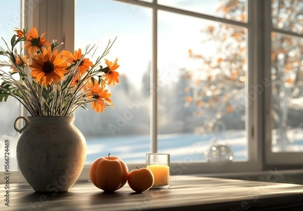 Obraz To enhance the beauty of the room, placing a beautiful vase decorated with flowers and a candle on a table in one corner of the room is an idea to create a cozy atmosphere in the room.
