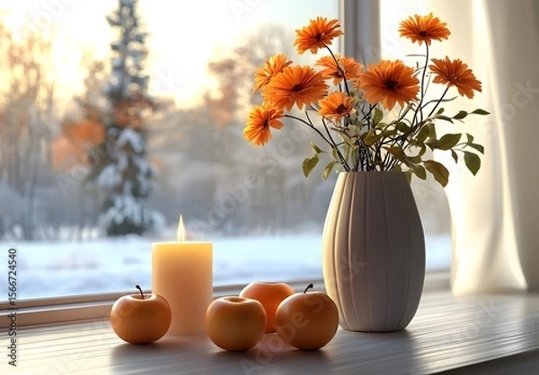 Obraz To enhance the beauty of the room, placing a beautiful vase decorated with flowers and a candle on a table in one corner of the room is an idea to create a cozy atmosphere in the room.