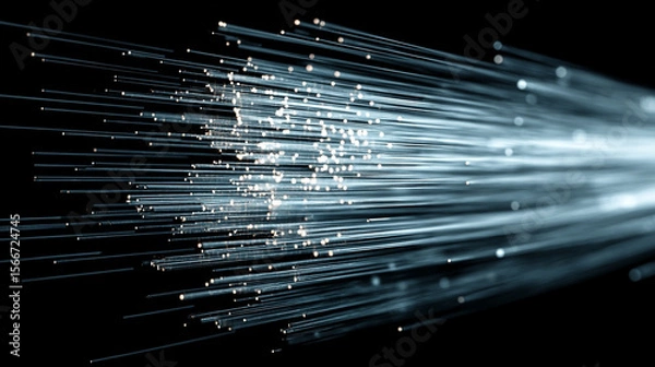 Fototapeta Fiber optic cables glow with light transmitting data in a network communication system.
