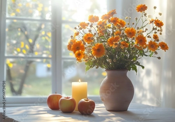 Obraz To enhance the beauty of the room, placing a beautiful vase decorated with flowers and a candle on a table in one corner of the room is an idea to create a cozy atmosphere in the room.