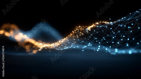 Fototapeta Abstract network of interconnected nodes glows with orange and blue light against a dark background.