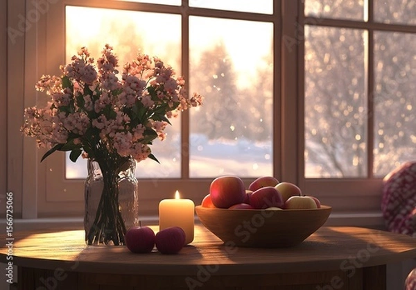 Obraz To enhance the beauty of the room, placing a beautiful vase decorated with flowers and a candle on a table in one corner of the room is an idea to create a cozy atmosphere in the room.