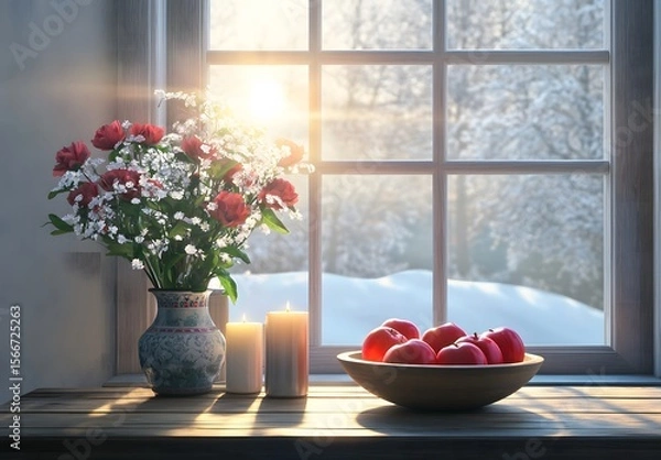 Obraz To enhance the beauty of the room, placing a beautiful vase decorated with flowers and a candle on a table in one corner of the room is an idea to create a cozy atmosphere in the room.