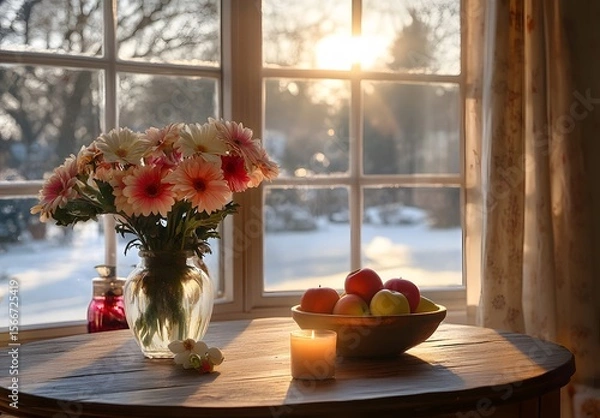 Obraz To enhance the beauty of the room, placing a beautiful vase decorated with flowers and a candle on a table in one corner of the room is an idea to create a cozy atmosphere in the room.