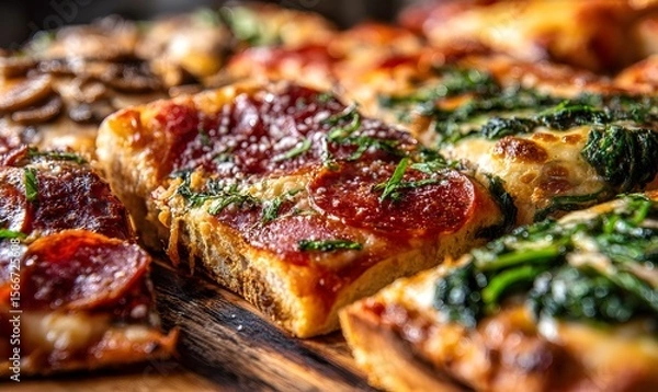 Fototapeta Close-up of delicious square-cut pizza slices with pepperoni, melted cheese, herbs, and greens on a wooden board. Crispy edges and vibrant toppings create a mouth-watering visual.