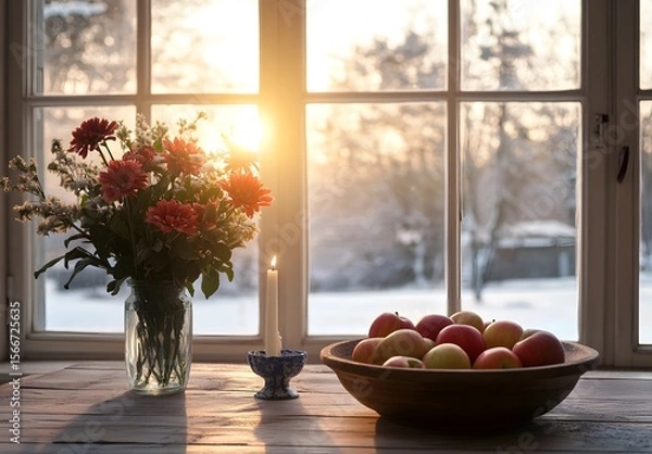 Fototapeta To enhance the beauty of the room, placing a beautiful vase decorated with flowers and a candle on a table in one corner of the room is an idea to create a cozy atmosphere in the room.