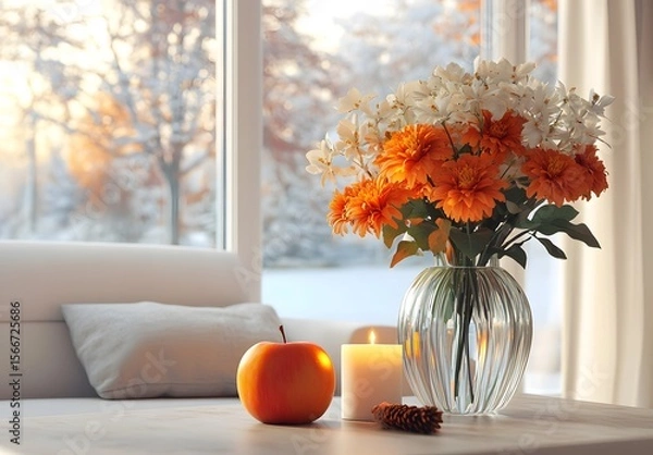Obraz To enhance the beauty of the room, placing a beautiful vase decorated with flowers and a candle on a table in one corner of the room is an idea to create a cozy atmosphere in the room.