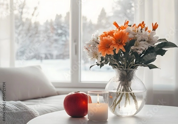 Obraz To enhance the beauty of the room, placing a beautiful vase decorated with flowers and a candle on a table in one corner of the room is an idea to create a cozy atmosphere in the room.