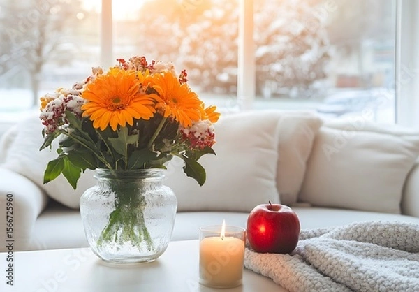 Obraz To enhance the beauty of the room, placing a beautiful vase decorated with flowers and a candle on a table in one corner of the room is an idea to create a cozy atmosphere in the room.