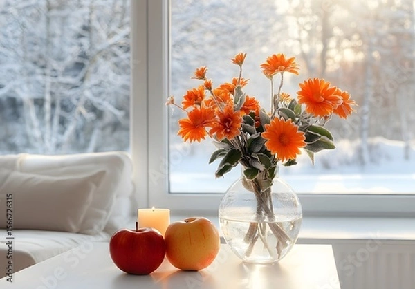 Obraz To enhance the beauty of the room, placing a beautiful vase decorated with flowers and a candle on a table in one corner of the room is an idea to create a cozy atmosphere in the room.
