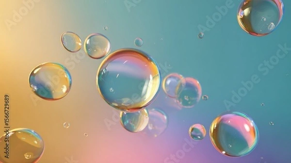 Fototapeta Iridescent bubbles floating on pastel background abstract design