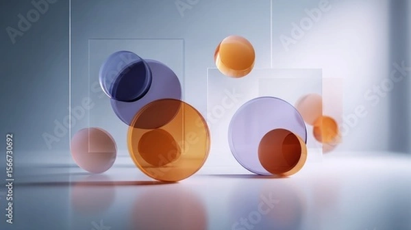 Fototapeta Abstract composition translucent spheres and geometric shapes