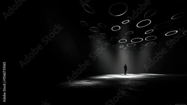 Fototapeta Solitary figure in dark space with glowing circles overhead
