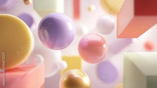 Fototapeta Floating pastel spheres and geometric shapes abstract background