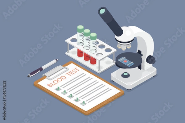 Fototapeta Medical blood test concept. Chemical laboratory analysis. Patient blood in test tubes, microscope, checklist. 3d flat isometric vector illustration.