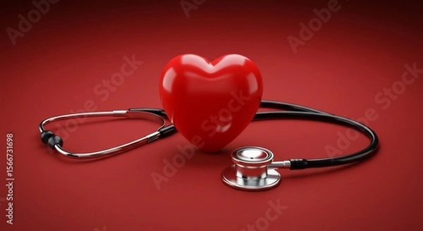 Fototapeta Red Heart and Stethoscope on a Deep Red Background