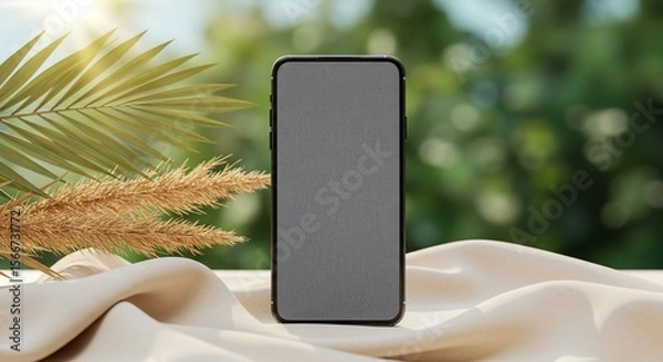 Fototapeta Smartphone mockup with textured screen, palm leaf, and soft fabric backdrop