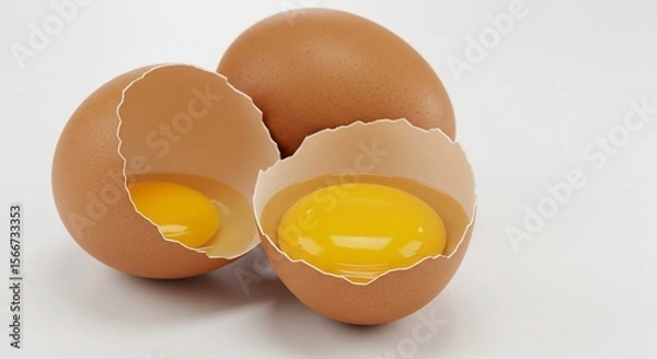 Fototapeta Cracked Eggs with Bright Yellow Yolks on a White Background