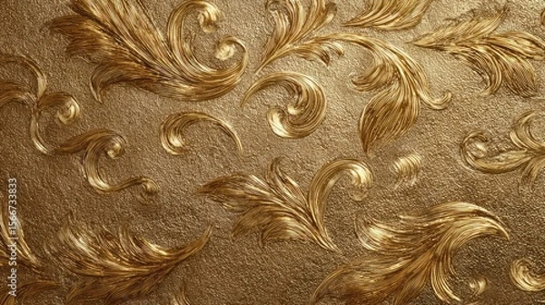 Fototapeta Golden embossed floral texture background swirls leaves pattern design
