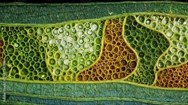 Fototapeta Microscopic plant cell structure intricate green and gold cellular pattern