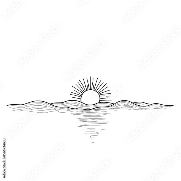 Obraz Line art sun rising over waves on a white background, minimalist style, nature sketch, copy space