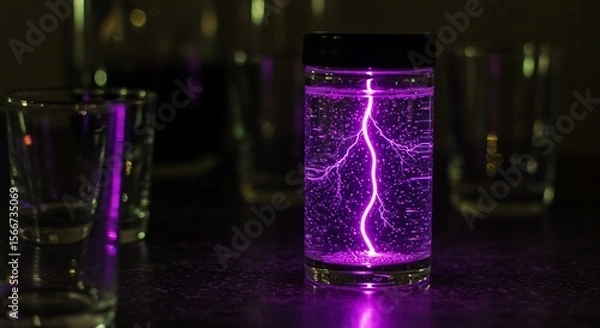 Fototapeta Purple Lightning in a Glass Jar with Bubbles on a Dark Surface