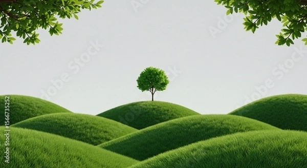 Fototapeta Solitary tree atop grassy knoll, framed by leafy branches against a bright sky