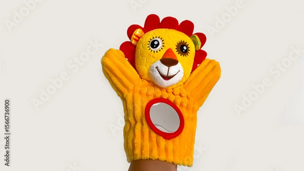 Obraz yellow puppet animal interactive toy hand little lion cub baby red
