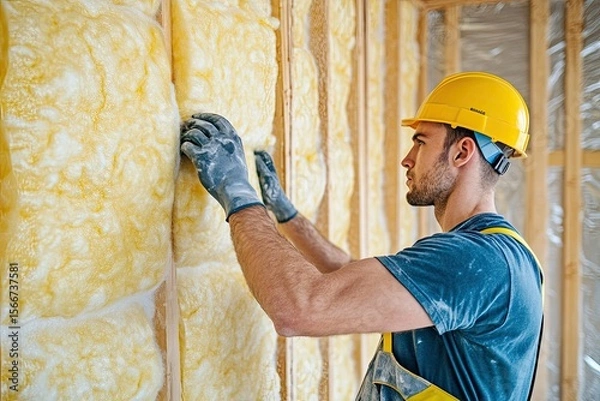 Fototapeta Man Installing Thermal Insulation Layer Under the Wall Using Mineral Wool