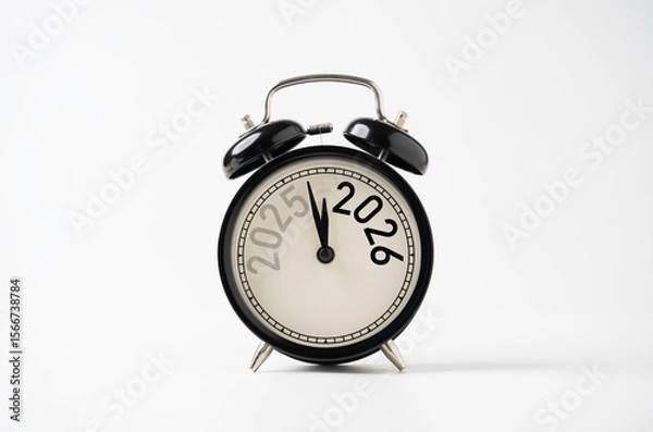 Fototapeta 2025 and 2026 on black alarm clock on white background with copy space  for preparation of Merry Christmas and Happy new year