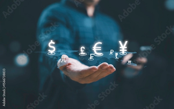 Fototapeta Global currency exchange and forex concept, Business man hand holding world with virtual line effect and dollar yuan yen euro and pound sterling sign with copy space.
