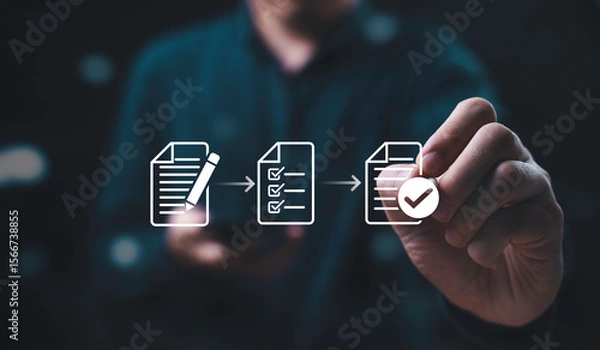 Fototapeta Businessman using electronic pen sign tick mark on virtual document for online approve paperless quality assurance and ERP management , Prepare check and approve document concept.