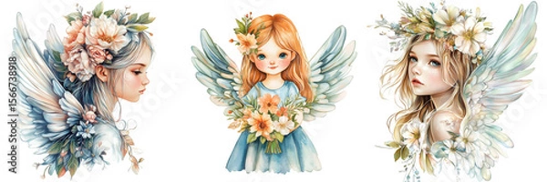 Fototapeta Set of A beautiful watercolor painting of a Christmas angel child with soft feathery wings on transparent png background. Ai generated