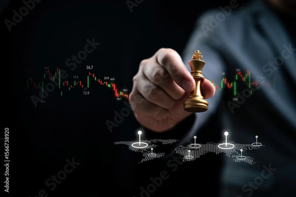 Fototapeta Businessman holds a golden chess piece against a backdrop of stock market graphs and a digital world map, symbolizing strategic decision-making in finance and trading strategies concept.